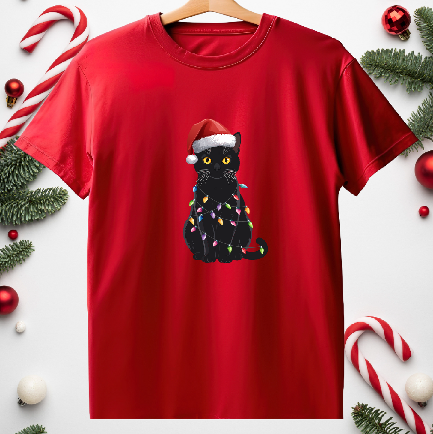 Black Cat Tangled Up in Christmas Lights - Unisex t-shirt