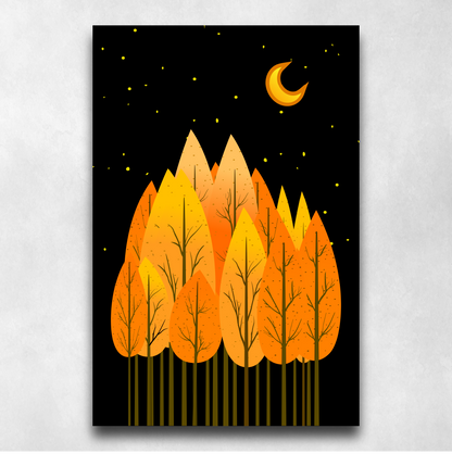 Autumn Forest Night – Crescent Moon and Starry - Poster