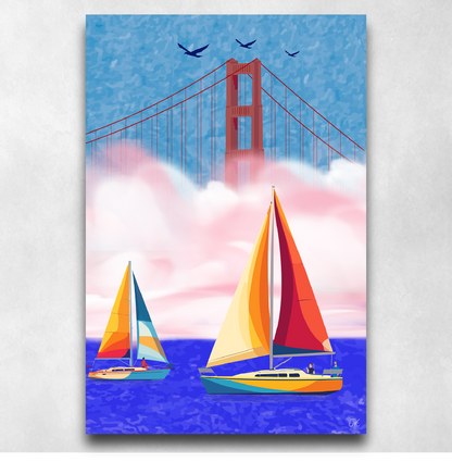 Sailboats on the San Francisco Bay under the Golden Gate Bridge - Poster.