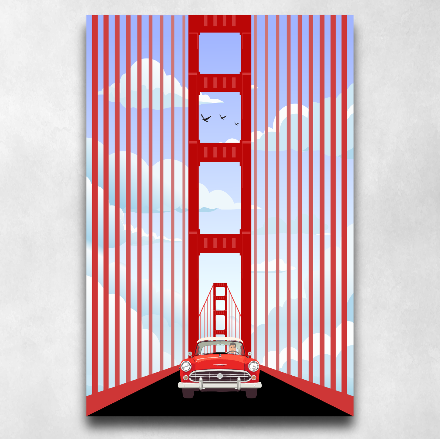 Golden Gate Bridge Red Car Illustration - Poster