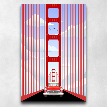 Golden Gate Bridge Red Car Illustration - Poster