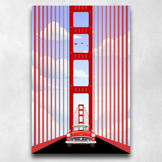 Golden Gate Bridge Red Car Illustration - Poster
