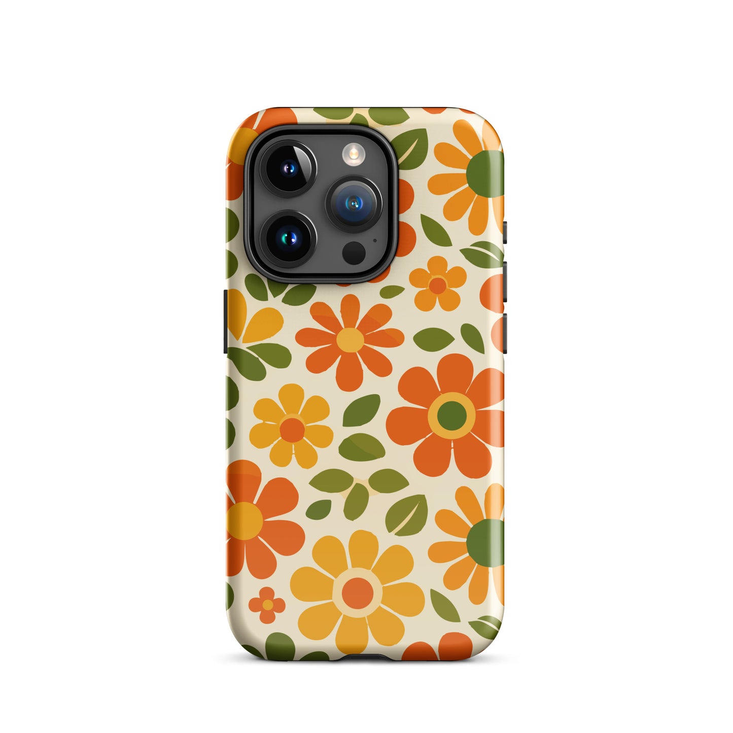 Vibrant 1970s retro floral pattern with orange, yellow, and green daisies for a protective iPhone case design.