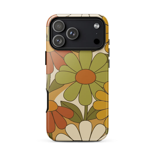 Seamless 1970s retro floral pattern with mustard yellow, orange, and green daisies for a iphone phone case.