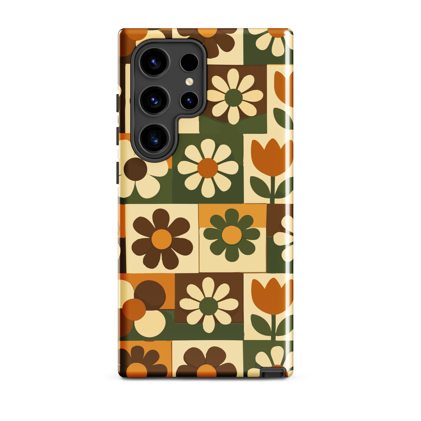 Retro 1970s floral checkboard pattern phone case design featuring daisies and tulips in burnt orange, mustard yellow, and avocado green on a geometric grid for Samsung.