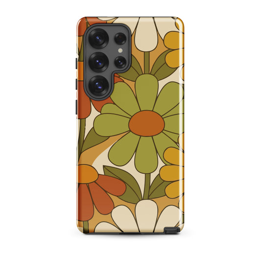 Seamless 1970s retro floral pattern with mustard yellow and orange daisies for a Samsung phone case.