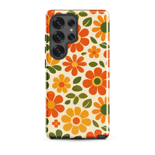 Vibrant 1970s retro floral pattern with orange, yellow, and green daisies for a Samsung phone case design.