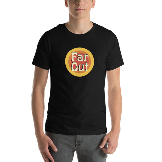Retro Far Out text logo in cream over a yellow, orange, and red concentric circle sunset