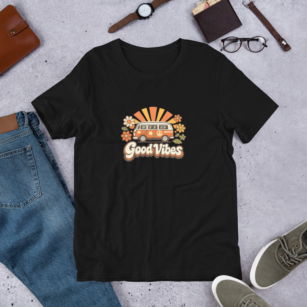 70s style orange camper van with peace signs and daisies under a sunburst with "Good Vibes" in groovy cream text.